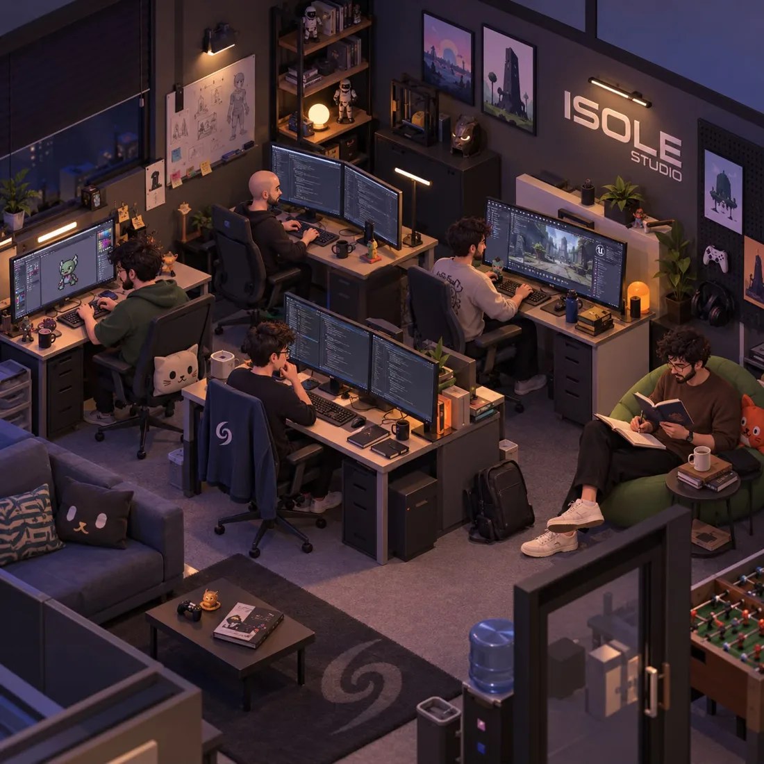 Isole Studio ekibinin oyun geliştirme stüdyosunda çalıştığı akşam sahnesi