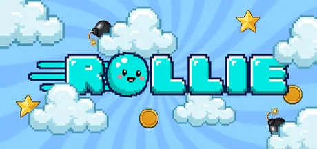 Rollie logosu, bulutlar, yıldızlar, altınlar ve bombalar içeren piksel-art oyun görseli